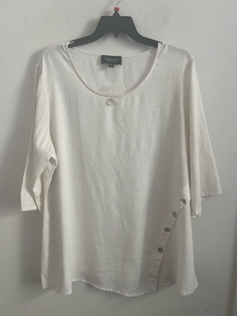 Jones & Co Womens Blouse Linen Blend 1X White Langenlook 3/4 Sleeve Coastal